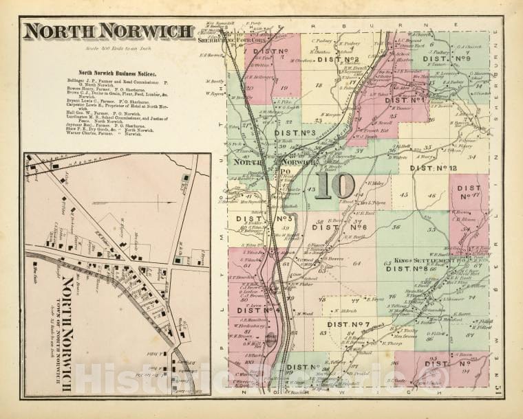 Historic 1875 Map - North Norwich [Township]; North Norwich Business Notices; North - Vintage Wall Art