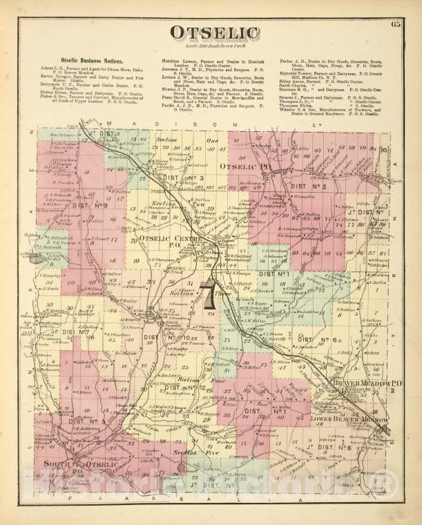 Historic 1875 Map - Otselic [Township]; Otselic Business Notices. - Vintage Wall Art
