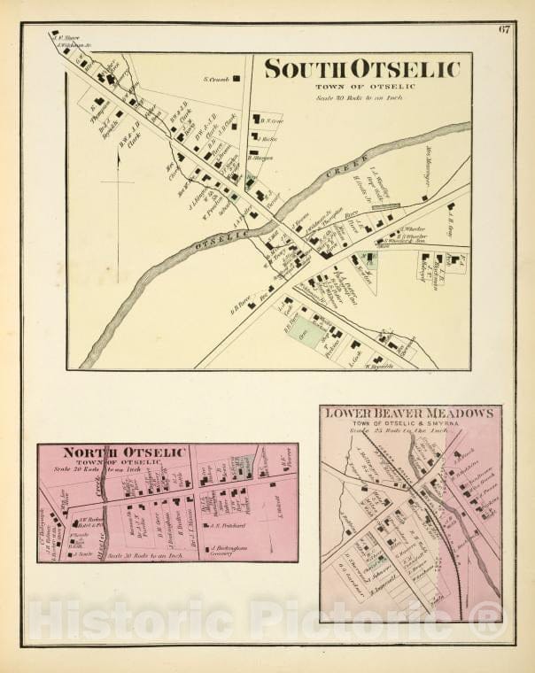 Historic 1875 Map - South Otselic [Village]; North Otselic [Village]; Lower Beaver M - Vintage Wall Art