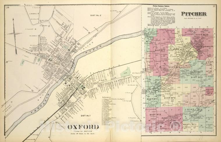 Historic 1875 Map - Oxford [Village]; Pitcher Business Notices; Pitcher [Township] - Vintage Wall Art