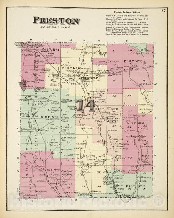 Historic 1875 Map - Preston [Township]; Preston Business Notices. - Vintage Wall Art