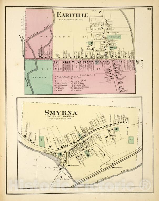 Historic 1875 Map - Earlville [Village]; Smyrna [Village] - Vintage Wall Art