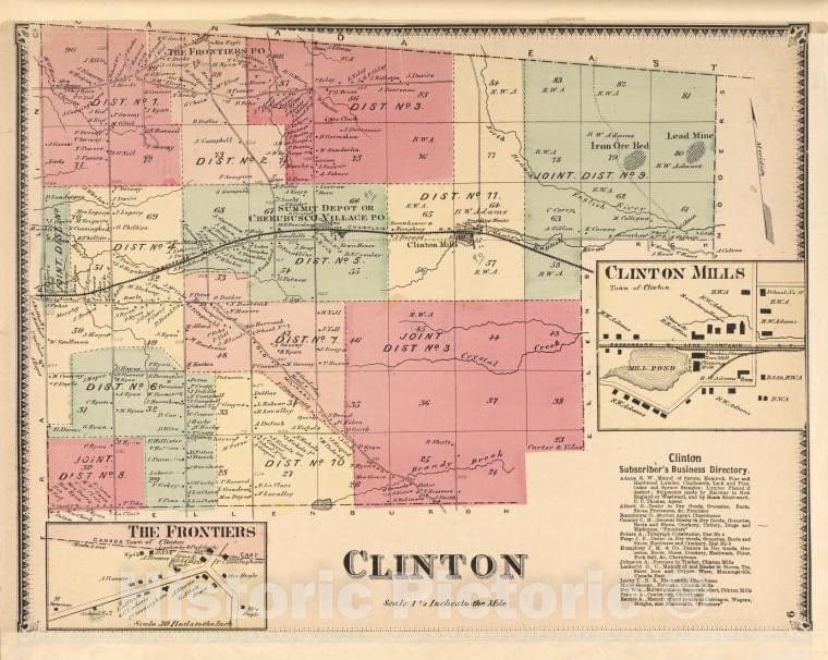 Historic Map - 1869 Clinton County, New York (N.Y.), The Frontiers; Clinton ; Clinton Mills; Clinton Subscriber'S Business Directory. - Vintage Wall Art