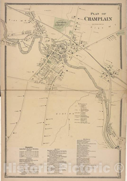 Historic Map - 1869 Clinton County, New York (N.Y.), Plan Of Champlain; Champlain Subscriber'S Business Directory. - Vintage Wall Art