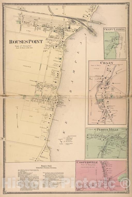 Historic Map - 1869 Clinton County, New York (N.Y.), Rouses Point ; Chazy Landing; Chazy; Perrys Mills; Coopersville; Rouse'S Point Subscriber'S Business Directory - Vintage Wall Art