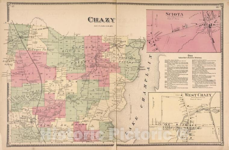 Historic Map - 1869 Clinton County, New York (N.Y.), Chazy ; Sciota; Chazy Subscriber'S Business Directory; West Chazy - Vintage Wall Art