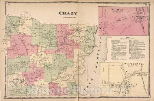 Historic Map - 1869 Clinton County, New York (N.Y.), Chazy ; Sciota; Chazy Subscriber'S Business Directory; West Chazy - Vintage Wall Art