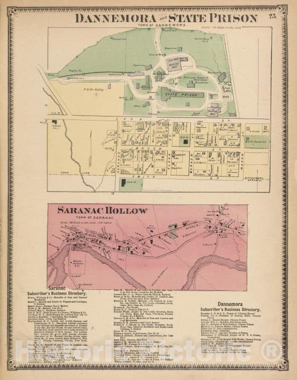Historic Map - 1869 Clinton County, New York (N.Y.), Dannemora And Ate Prison; Saranac Hollow; Saranac Subscriber'S Business Directory. - Vintage Wall Art