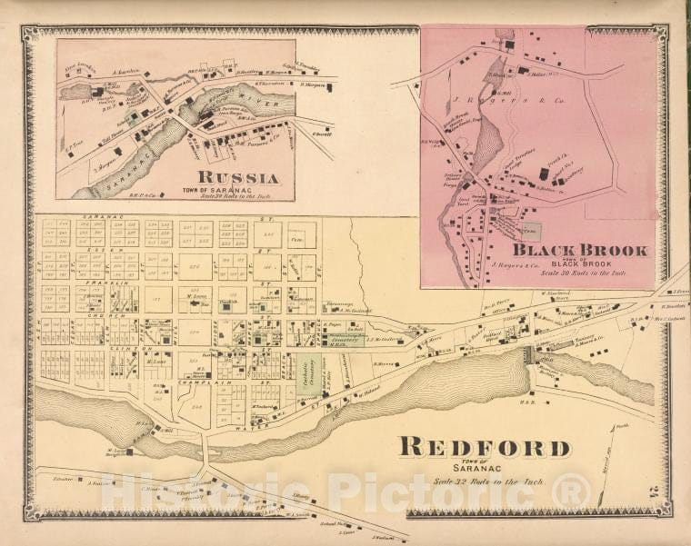 Historic Map - 1869 Clinton County, New York (N.Y.), Russia; Black Brook; Redford - Vintage Wall Art