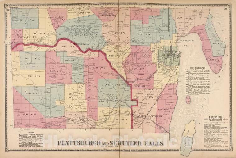 Historic Map - 1869 Clinton County, New York (N.Y.), Elsinore; West Plattburgh Subscriber'S Business Directory; Schuyler Subscriber'S Business Directory, Vintage Wall Art