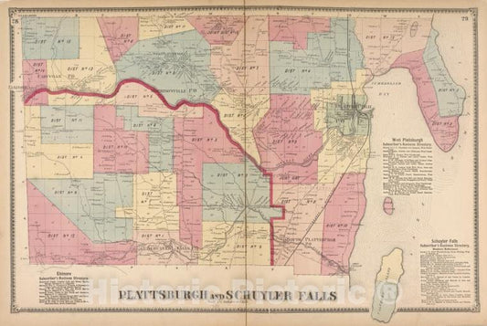 Historic Map - 1869 Clinton County, New York (N.Y.), Elsinore; West Plattburgh Subscriber'S Business Directory; Schuyler Subscriber'S Business Directory, Vintage Wall Art