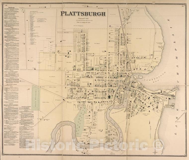 Historic Map - 1869 Clinton County, New York (N.Y.), Plattburgh; Plattburgh Subscriber'S Business Directory. - Vintage Wall Art