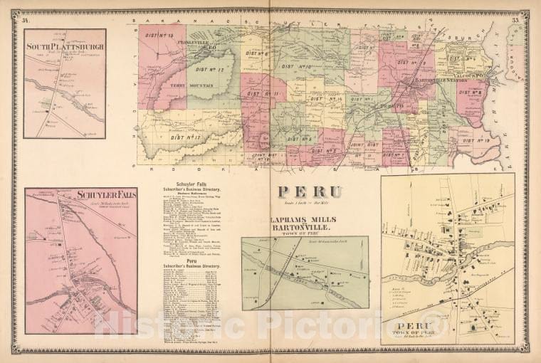 Historic Map - 1869 Clinton County, New York (N.Y.), South Plattburgh, Schuyler Falls - Vintage Wall Art