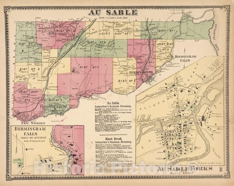 Historic Map - 1869 Au Sable [Township]; Birminghami Falls [Village] - Vintage Wall Art