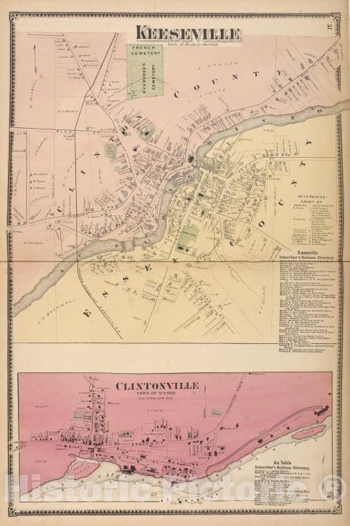 Historic Map - 1869 Clinton County, New York (N.Y.) Keeseville; Keeseville Subscriber'S Business Directory; Clintonville; Au Sable - Vintage Wall Art