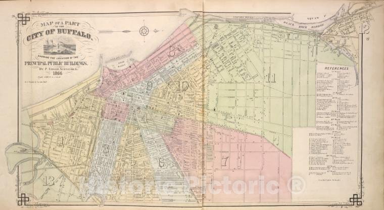 Historic 1866 Map - Map Of A Part Of The City Of Buffalo. Showing The Location Of Th - Vintage Wall Art