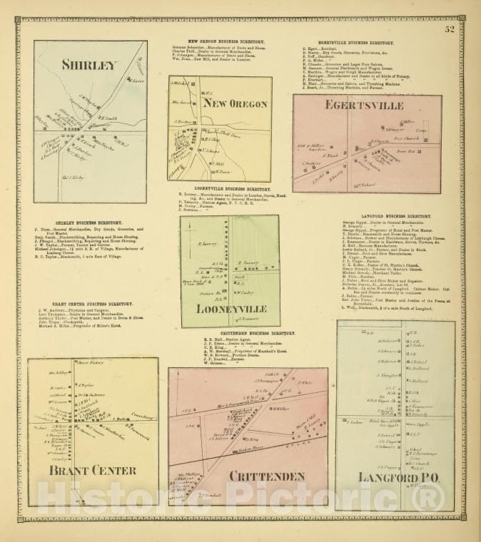 Historic 1866 Map - Shirley [Village]; Shirley Business Directory; New Oregon [Vill - Vintage Wall Art