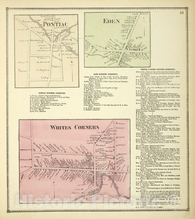 Historic 1866 Map - Pontlac [Village]; Pontlac Business Directory; Eden [Village]; - Vintage Wall Art