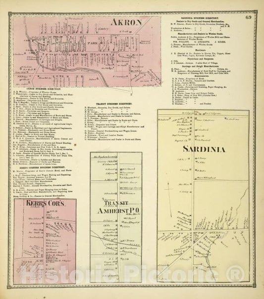 Historic 1866 Map - Akron [Village]; Akron Business Directory; Sardinia Business Dir - Vintage Wall Art