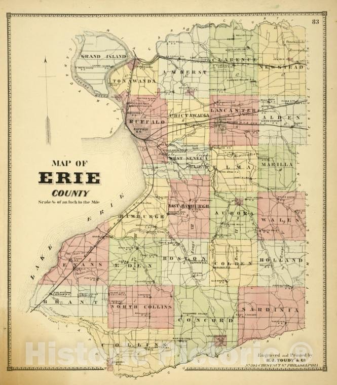 Historic Map - 1866 Erie County, New York (N.Y.), Map Of Erie County - Vintage Wall Art