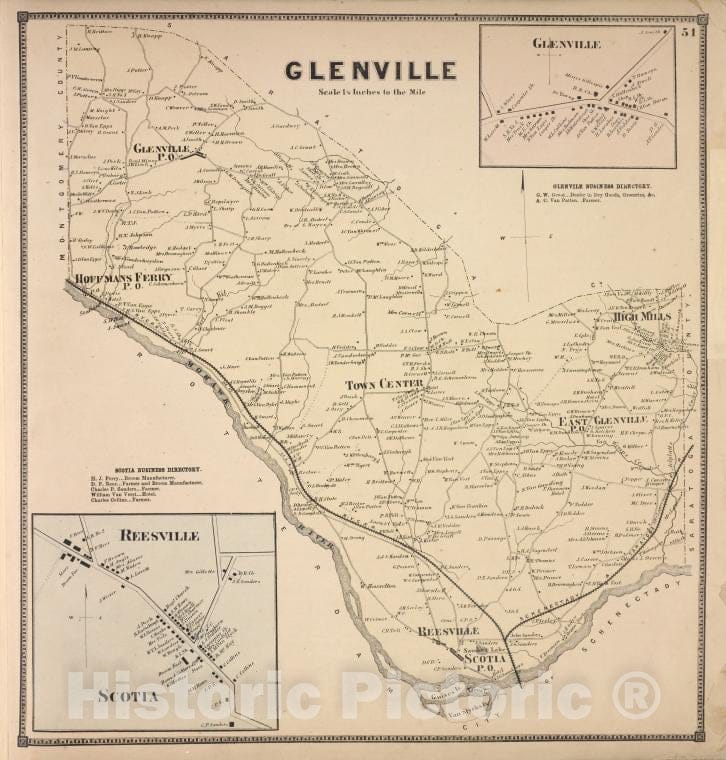 Historic 1866 Map - Glenville [Township]; Glenville [Village]; Glenville Business Di - Vintage Wall Art