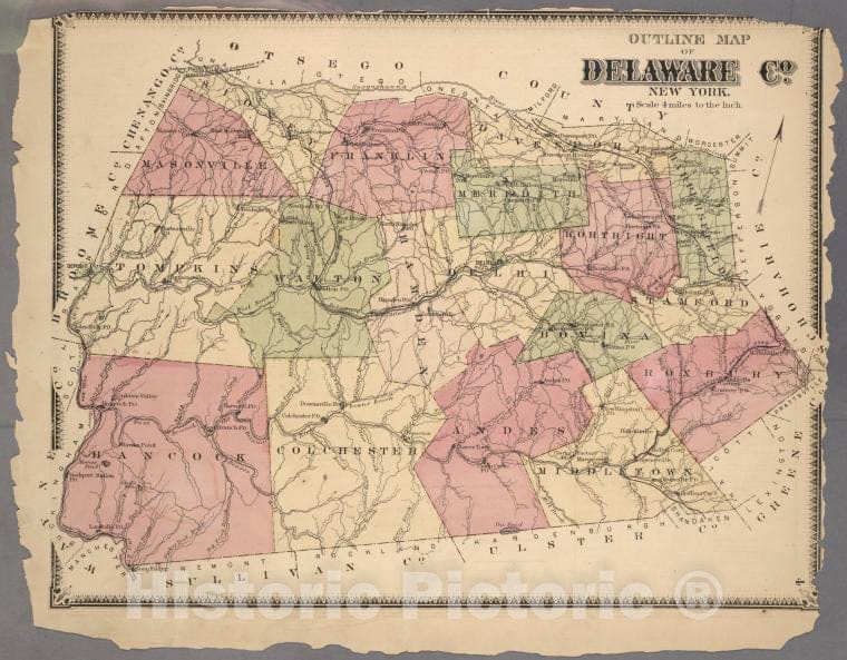 Historic 1869 Map - Outline Map Of Delaware Co. New York - Delaware County (N.Y.Atlas Of Delaware Co, New York - Vintage Wall Art