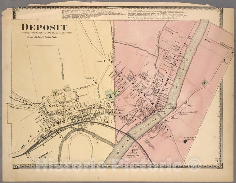 Historic 1869 Map - Deposit [Village] - Delaware County (N.Y.Atlas Of Delaware Co, New York - Vintage Wall Art