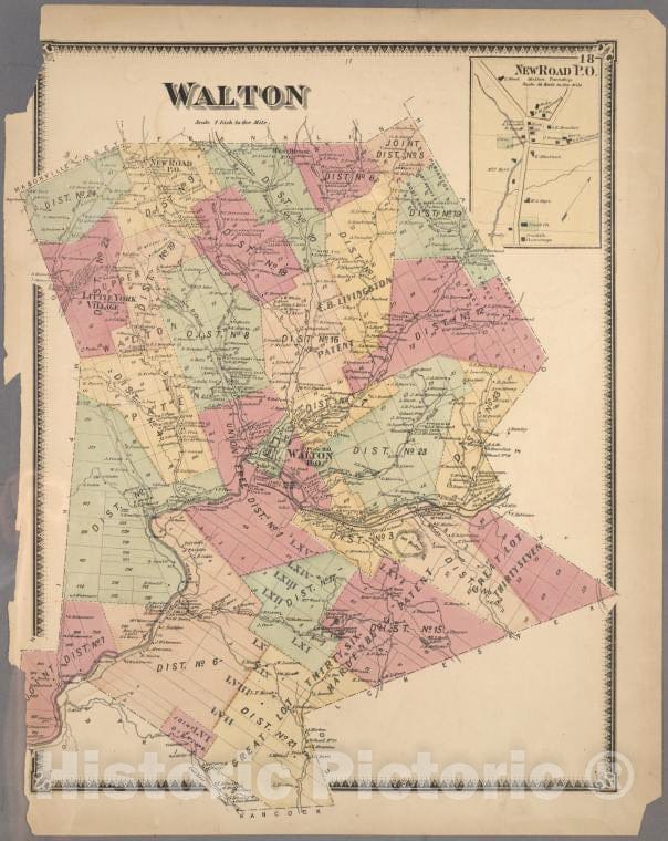Historic 1869 Map - Walton [Township]; New Road P.O. [Village] - Delaware County (N.Y.Atlas Of Delaware Co, New York - Vintage Wall Art