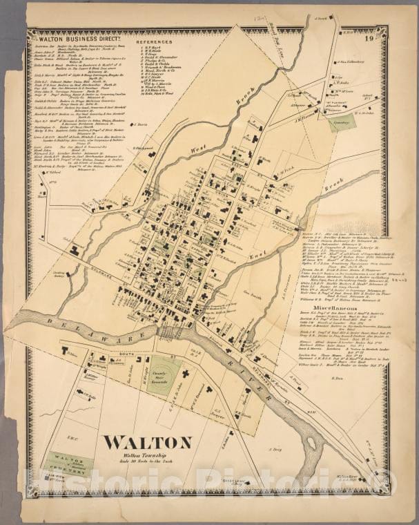 Historic 1869 Map - Walton Business Directy; Walton [Village] - Delaware County (N.Y.Atlas Of Delaware Co, New York - Vintage Wall Art