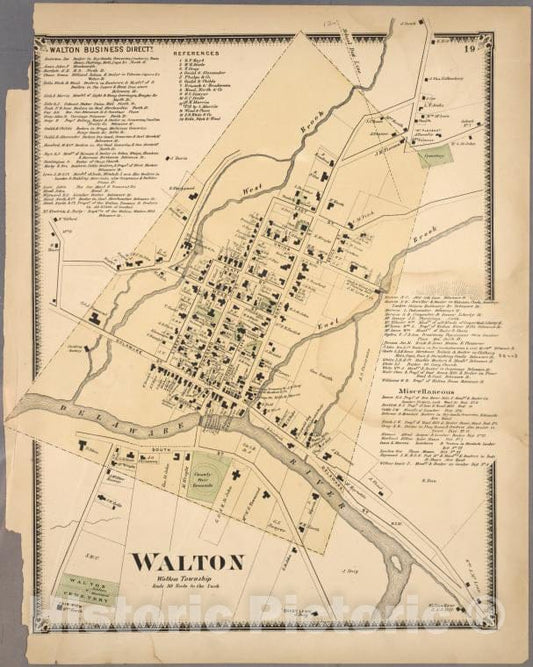 Historic 1869 Map - Walton Business Directy; Walton [Village] - Delaware County (N.Y.Atlas Of Delaware Co, New York - Vintage Wall Art
