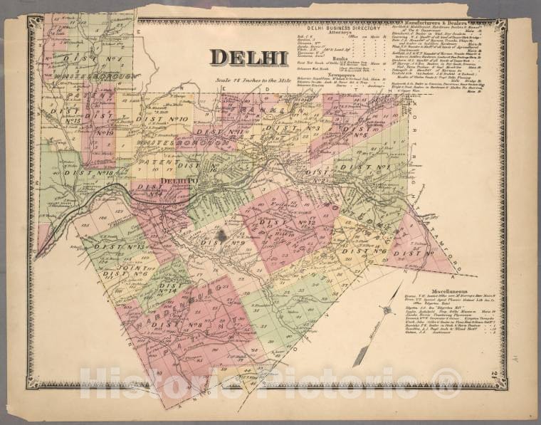 Historic 1869 Map - Delhi [Township]; Delhi Business Directory - Delaware County (N.Y.Atlas Of Delaware Co, New York - Vintage Wall Art