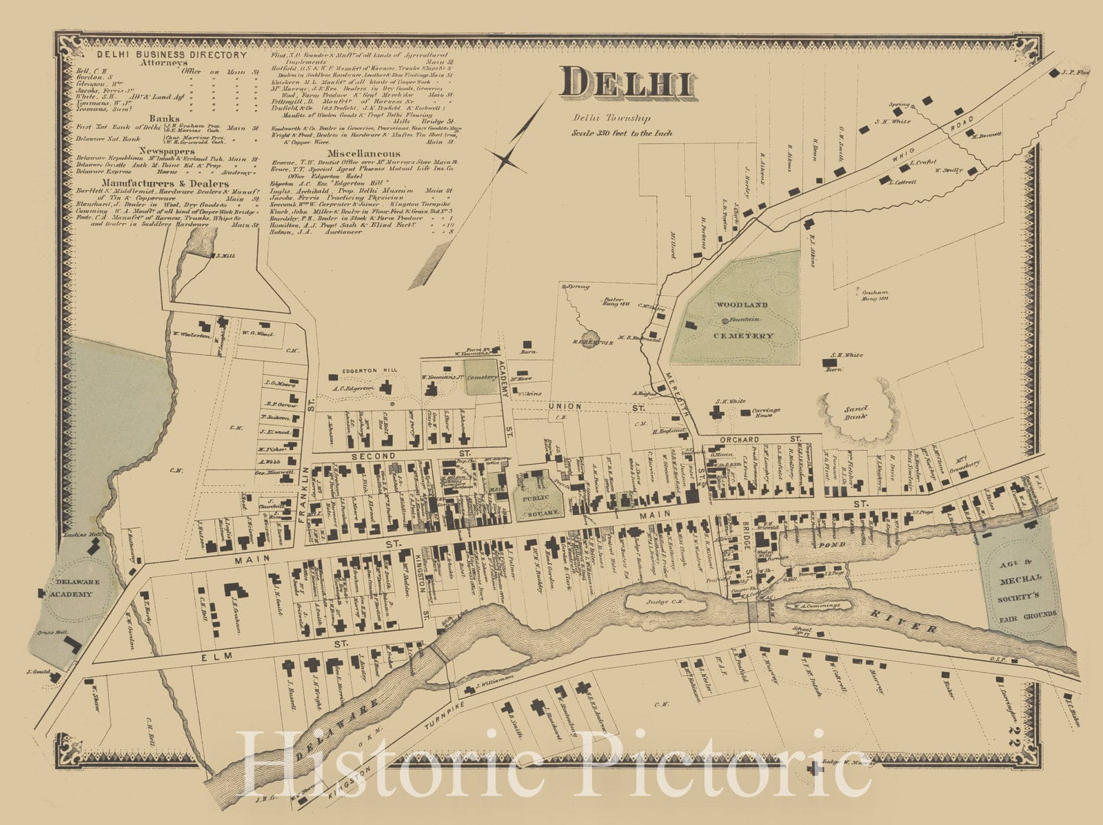 Historic 1869 Map - Delhi Business Directory; Delhi [Village] - Delaware County (N.Y.Atlas Of Delaware Co, New York - Vintage Wall Art