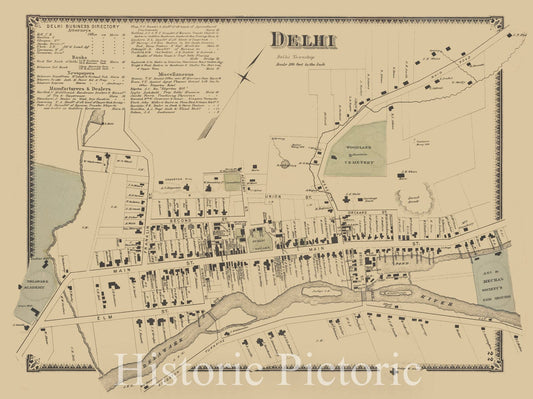 Historic 1869 Map - Delhi Business Directory; Delhi [Village] - Delaware County (N.Y.Atlas Of Delaware Co, New York - Vintage Wall Art