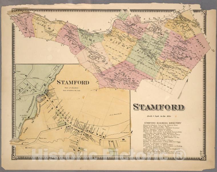 Historic Map - 1869 Delaware County, Stamford; Stamford ; Stamford Business Directory - Vintage Wall Art