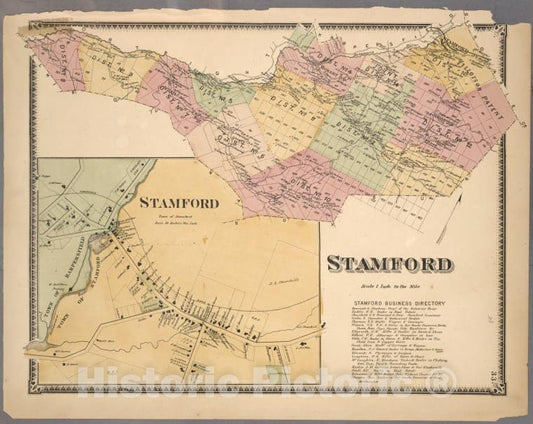 Historic Map - 1869 Delaware County, Stamford; Stamford ; Stamford Business Directory - Vintage Wall Art