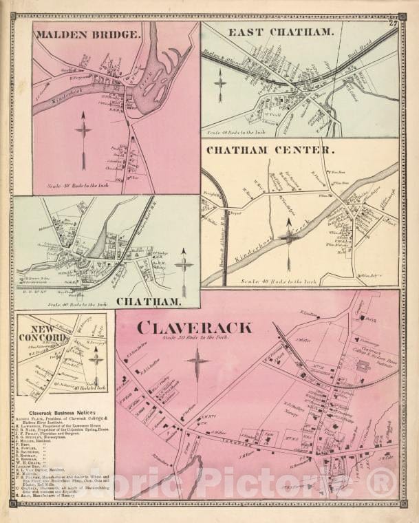 Historic Map - 1873 Columbia County, New York (N.Y.), Malden Bridge. Chatham Center; New Concord; Claverack Business Notices; Claverack, East Chatham. - Vintage Wall Art