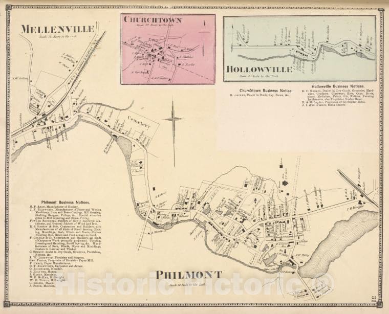 Historic Map - 1873 Columbia County, New York (N.Y.), Hollowville, Hollowville Business Notices; Churchtown Business Notices; Churchtown, Mellenville - Vintage Wall Art