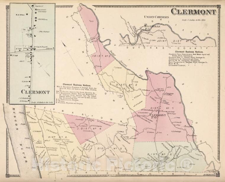 Historic Map - 1873 Columbia County, New York (N.Y.), Chermont; Clermont Business Notices; Clermont - Vintage Wall Art