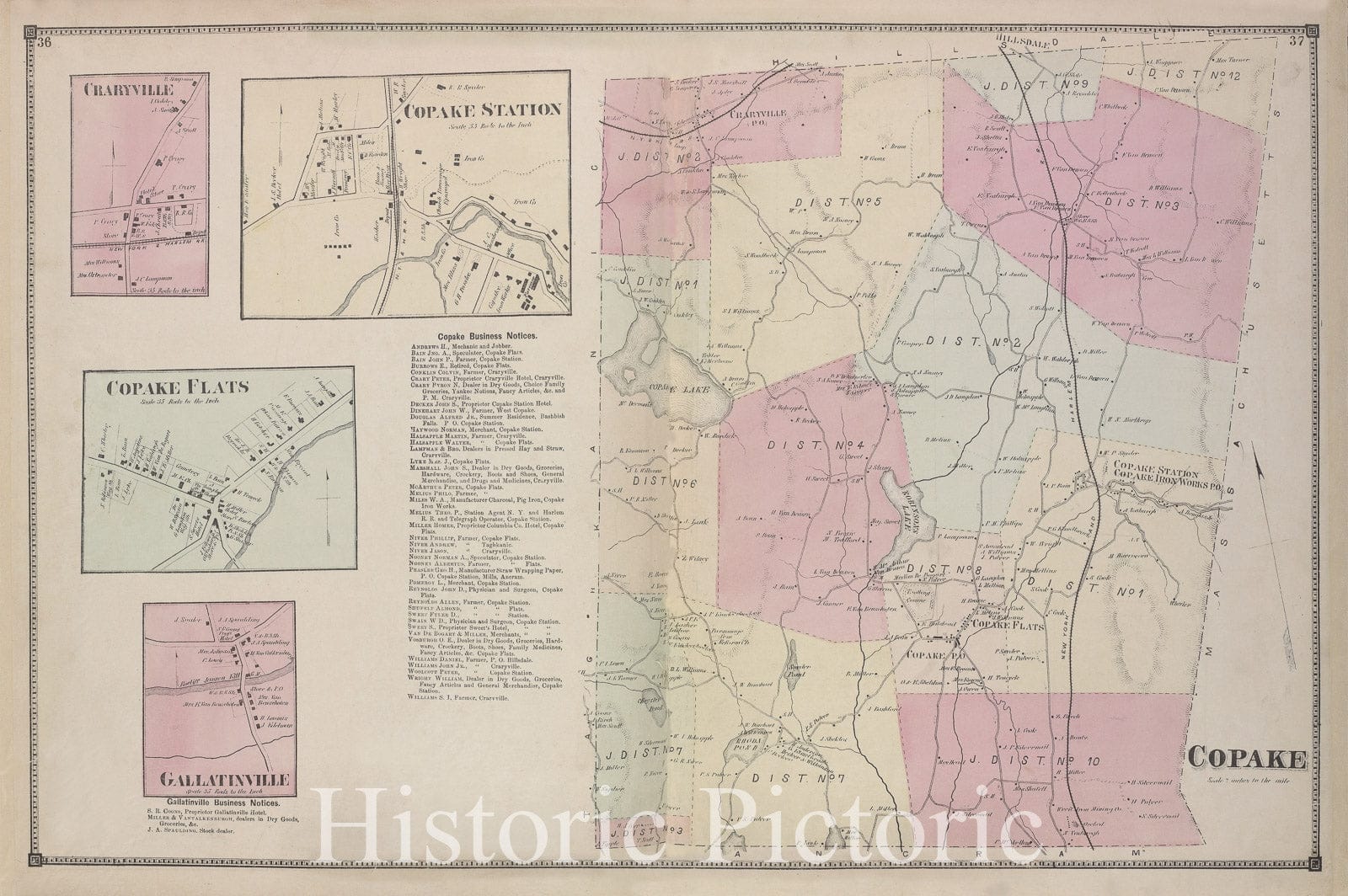 Historic Map - 1873 Columbia County, New York (N.Y.), Charyville; Copake Station; Copake Flats; Gallatinville; Copake Business Notices; Copake - Vintage Wall Art