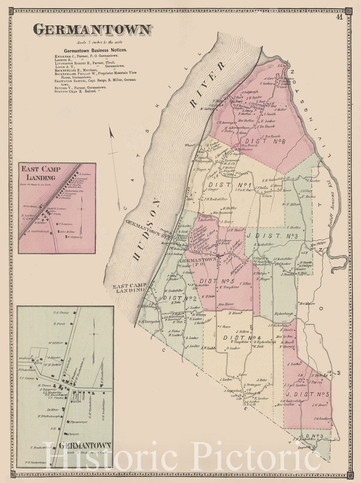Historic Map - 1873 Columbia County, New York (N.Y.), Germantown [Twonship]; Germantown Business Notices; East Camp Landing; Germantown - Vintage Wall Art