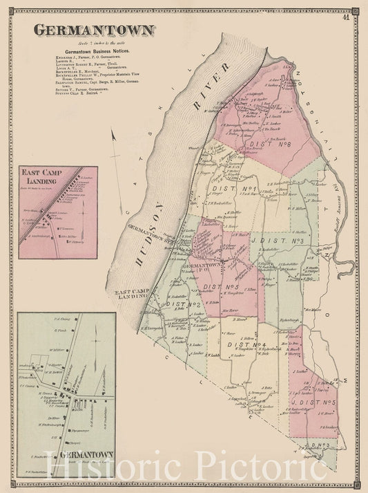 Historic Map - 1873 Columbia County, New York (N.Y.), Germantown [Twonship]; Germantown Business Notices; East Camp Landing; Germantown - Vintage Wall Art