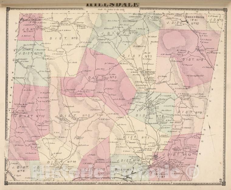 Historic 1873 Map - Hillsdale [Township] - Columbia County (N.Y.Atlas Of Columbia County, New York. - Vintage Wall Art