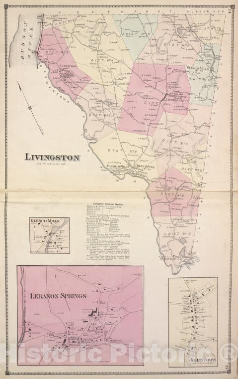 Historic Map - 1873 Columbia County, New York (N.Y.), Livington ; Glenco Mills; Livington Business Notices; Lebanon Springs; Johnstown - Vintage Wall Art