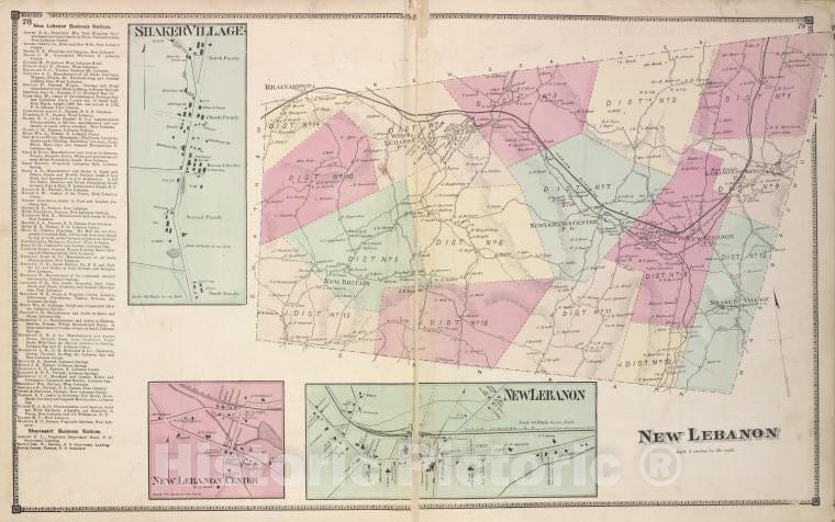 Historic Map - 1873 Columbia County, New York (N.Y.), New Lebanon Business Notices; Shaker Village; New Lebanon Center; New Lebanon; New Lebanon - Vintage Wall Art