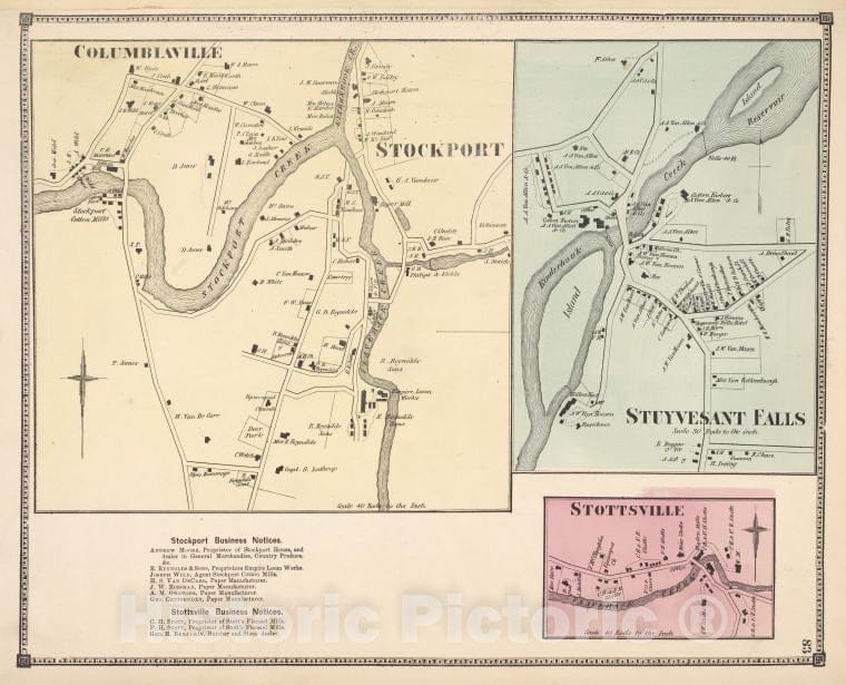 Historic Map - 1873 Columbia County, New York (N.Y.) Columbianville & Stockport; Stuyvesant; Stockport Business Notices; Stottsville Business Notices; Stottsville - Vintage Wall Art