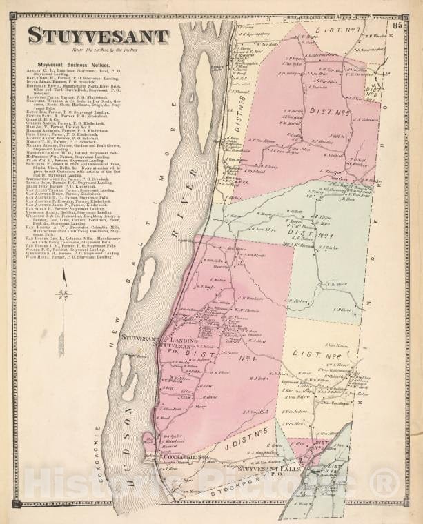 Historic 1873 Map - Stuyvesant [Township]; Stuyvesant Business Notices. - Columbia County (N.Y.Atlas Of Columbia County, New York. - Vintage Wall Art