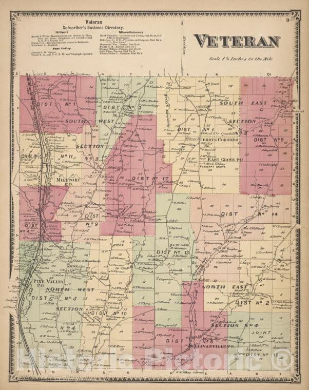 Historic Map - 1869 Chemung County, New York (N.Y.), Veteran Business Directory; Veteran - Vintage Wall Art