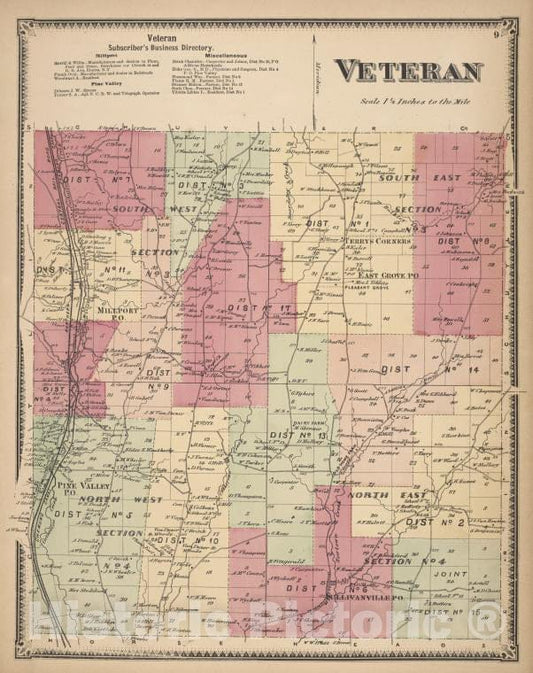 Historic Map - 1869 Chemung County, New York (N.Y.), Veteran Business Directory; Veteran - Vintage Wall Art