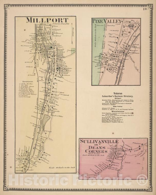 Historic Map - 1869 Chemung County, New York (N.Y.), Millport; Pine Valley; Veteran Subscriber'S Business Directory; Sullivanville Or Deans Corners - Vintage Wall Art