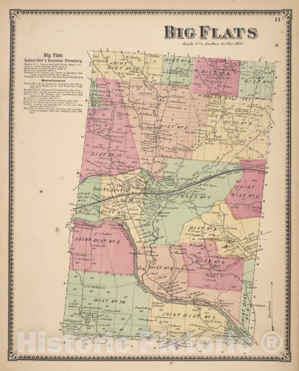 Historic Map - 1869 Chemung County, New York (N.Y.), Big Flats Subscriber'S Business Directory; Big Flats - Vintage Wall Art